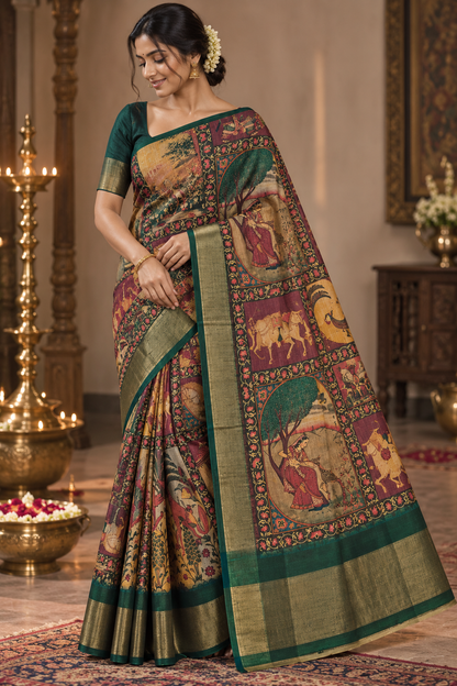 Elegant Maroon & Green Traditional Saree with Kalamkari-Inspired Figurative Motifs & Gold-Toned Border