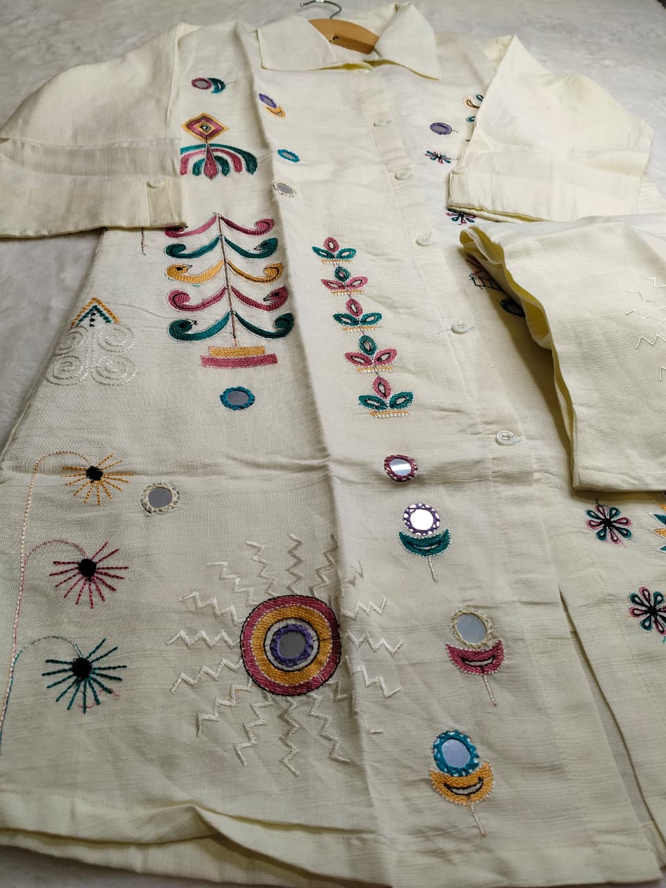 Elegant Off White Cotton Kurti with Mirror and Thread work Cord Set(Code - RS-43 )