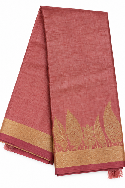 Elegant Rose Pink Semi Silk Saree with Antique Gold Leaf Motif & Woven Border
