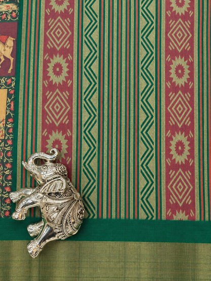 Elegant Maroon & Green Traditional Saree with Kalamkari-Inspired Figurative Motifs & Gold-Toned Border