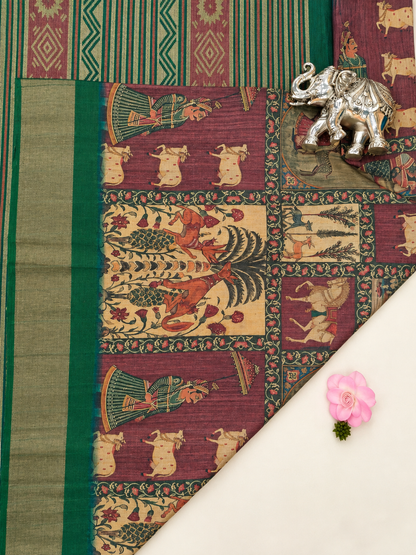 Elegant Maroon & Green Traditional Saree with Kalamkari-Inspired Figurative Motifs & Gold-Toned Border