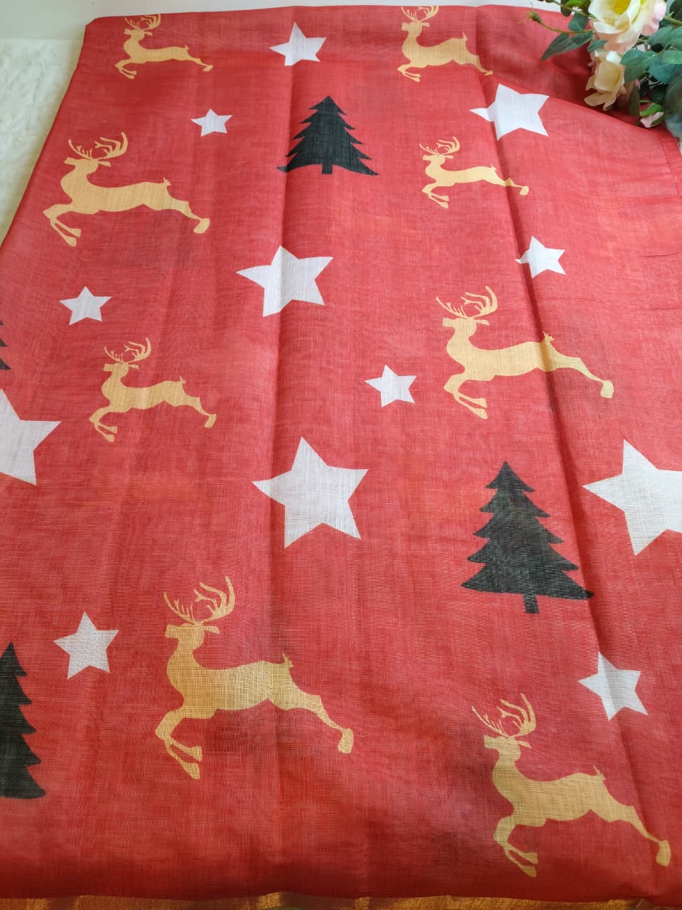 Christmas Special Red Color Linen Sarees (Code - LN-02)