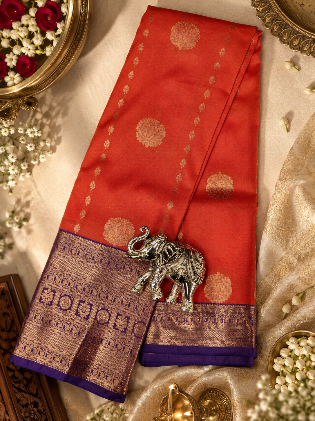 Elegant Royal Blue Saree with Silver Zari Paisley Pallu & Floral Butti Motifs