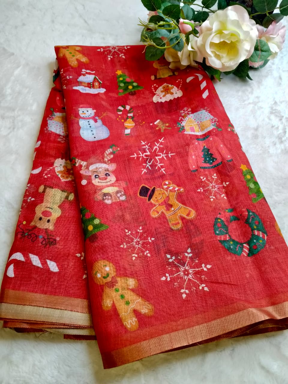 Christmas Special Red Color Linen Sarees (Code - LN-02)